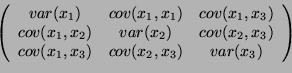 \begin{displaymath}
\left (
\begin{array}{ccc}
var(x_1) & cov(x_1,x_1) & cov(x_1...
...
cov(x_1,x_3) & cov(x_2,x_3) & var(x_3) \\
\end{array}\right)
\end{displaymath}