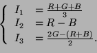 \begin{displaymath}
\left\{
\begin{array}{ll}
I_1 &=\frac{R+G+B}{3}\\
I_2 &= R-B \\
I_3 &= \frac{2G-(R+B)}{2}.
\end{array}\right.
\end{displaymath}