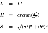 \begin{displaymath}
\begin{array}{lll}
L &=& L^*\\
\\
H &=& arctan(\frac{a^*}{b^*})\\
\\
S &=& \sqrt{(a^*)^2+(b^*)^2}
\end{array}\end{displaymath}