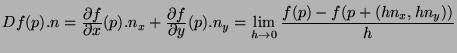 $\displaystyle Df(p).n = \deriv{f}{x}(p).n_x + \deriv{f}{y}(p).n_y = \lim_{h\to 0} \frac{f(p) - f(p + (hn_x,hn_y))}{h}$